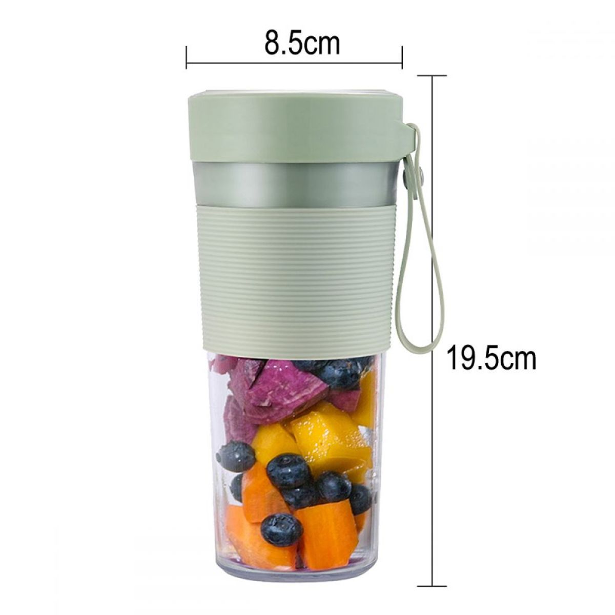 Eine Mixbecher mit Früchten wird mit Abmessungen angezeigt.