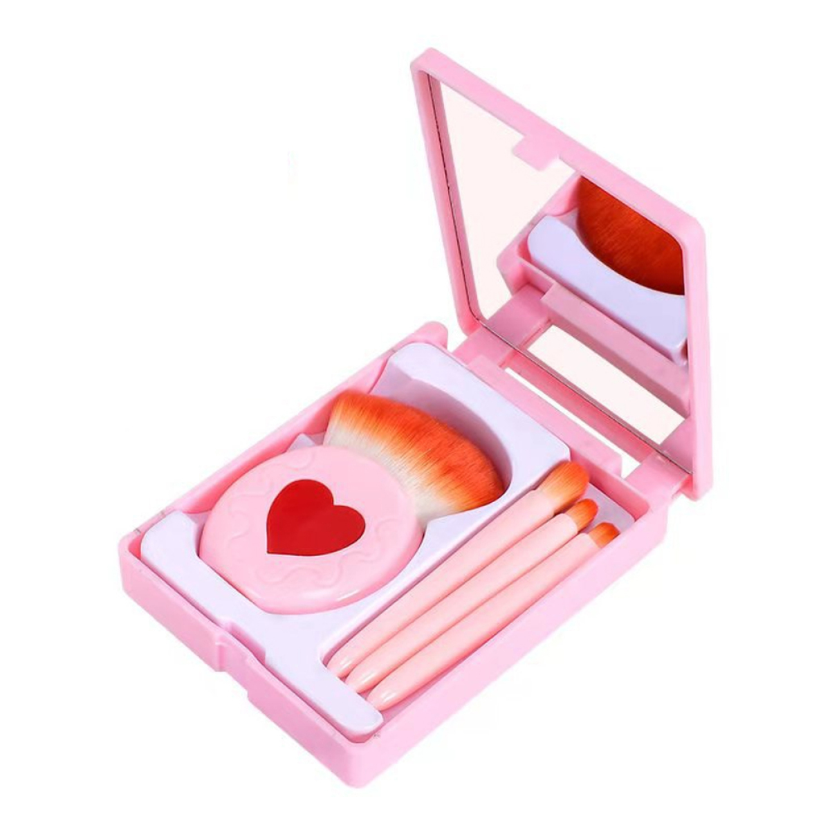 Rosa Make-up-Set geöffnet. Enthält Spiegel, Pinsel und Herzpuder.