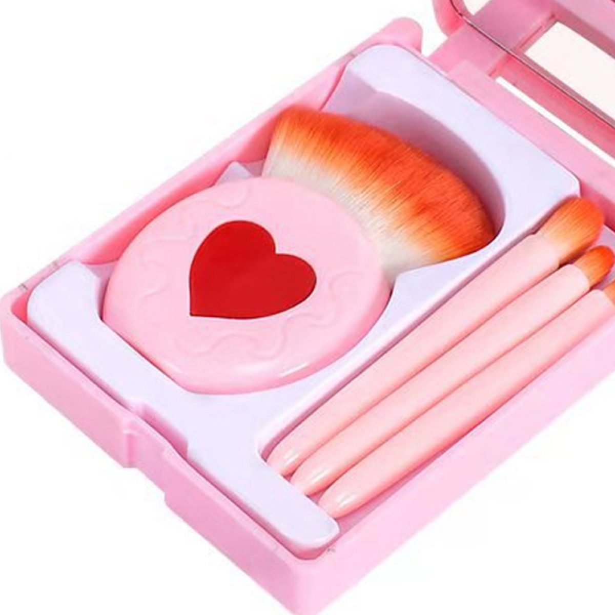 Rosa Make-up-Set mit Spiegel, Kompaktpuder mit Herz, Pinsel und drei rosa Make-up-Pinseln.