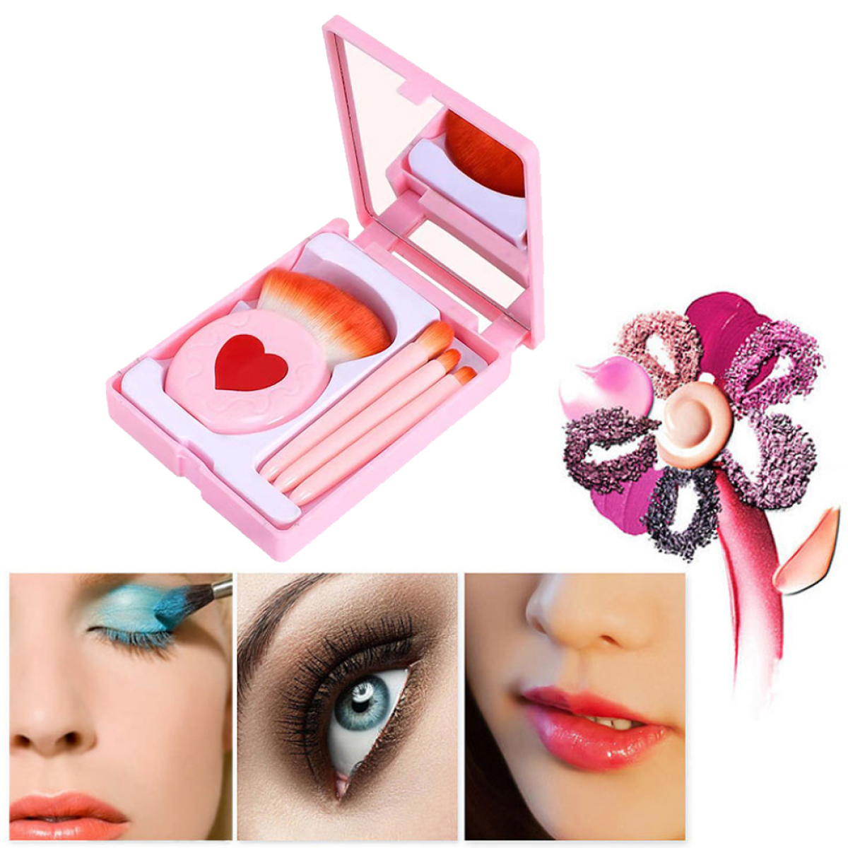 Rosa Make-up-Set mit Spiegel, Pinseln und Make-up-Mustern. Augen-Make-up und Lippen-Make-up werden ebenfalls angezeigt.