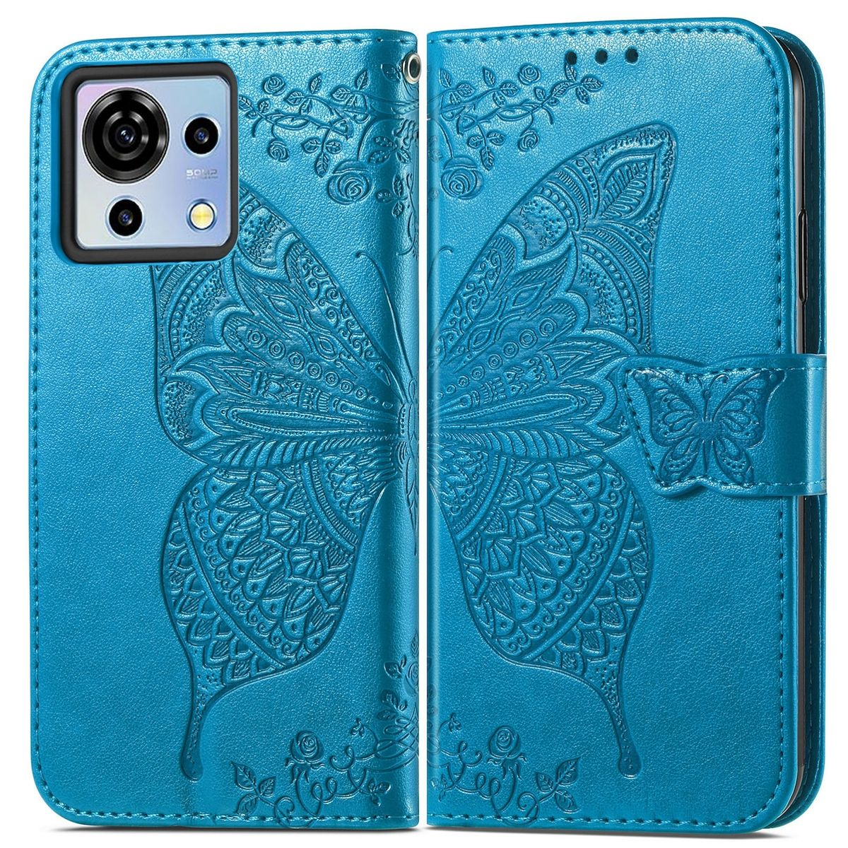 ZTE, Tasche Blau WIGENTO Wallet V50 Design, Book Vita, Bookcover, Blade Schmetterling