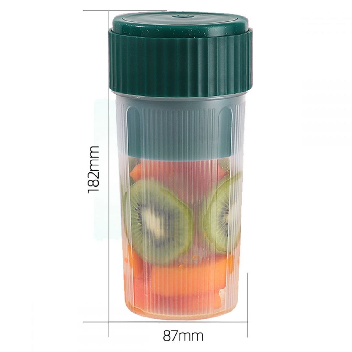Grüne und transparente Fruchtinfusionsflasche mit Kiwi und Karotten, Abmessungen angegeben.