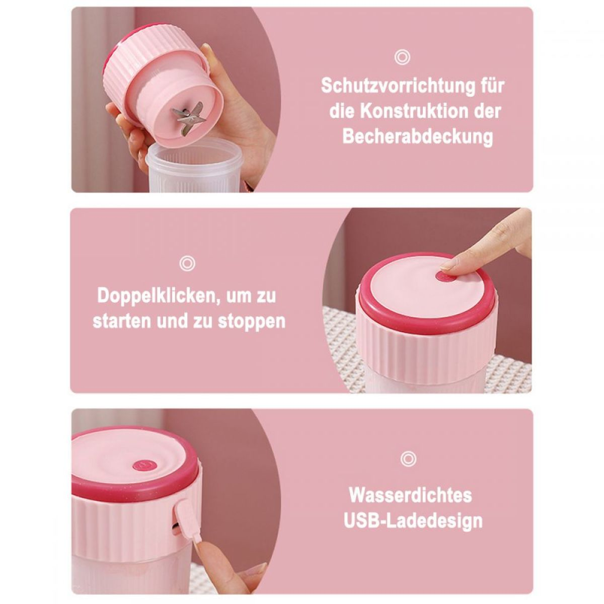 Rosa Mixer mit Details zu seinen Funktionen auf Deutsch.