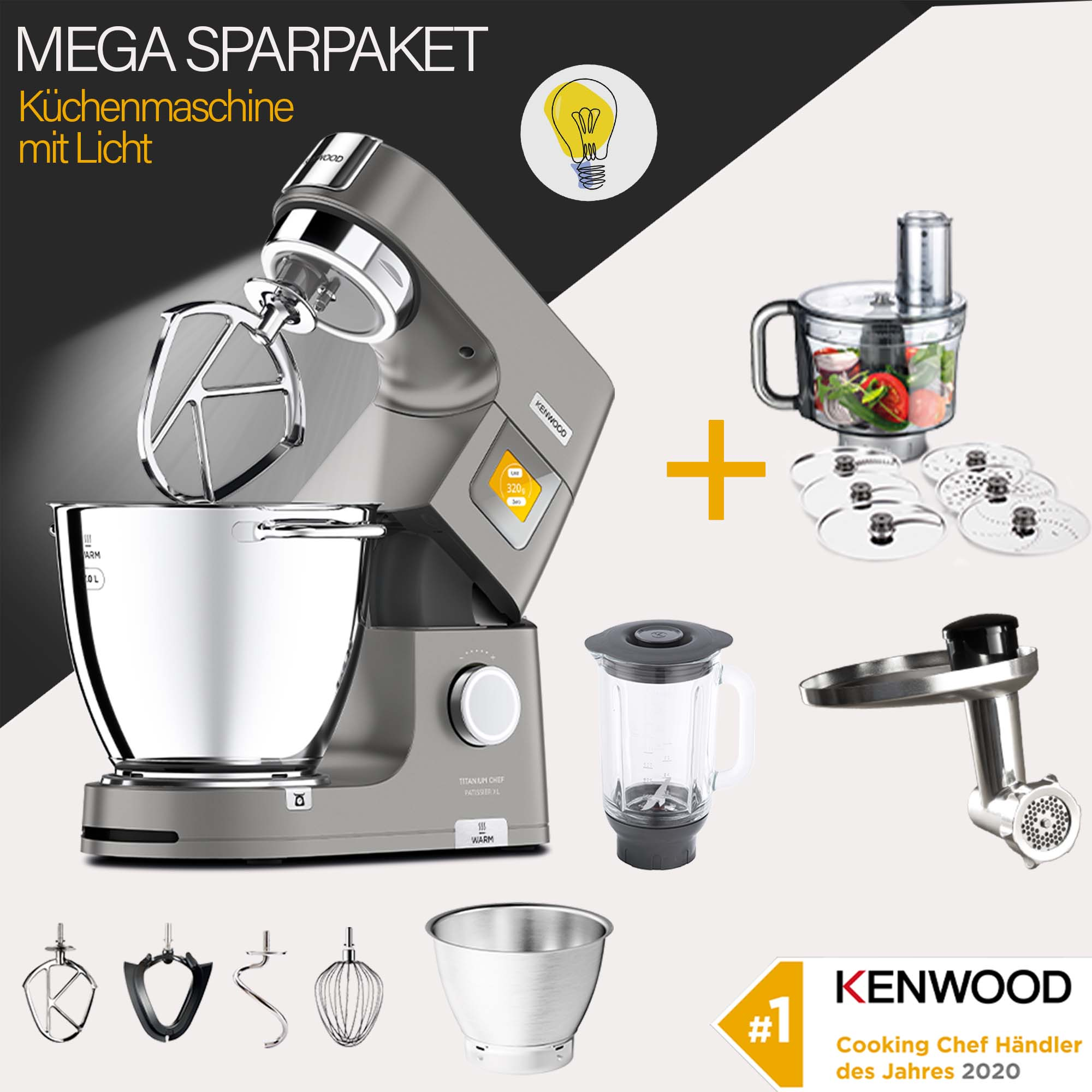 Küchenmaschine mit Aufsätzen. Zeigt Mixer, Blender, Mahlwerk und Zubehör. Graues Farbschema.
