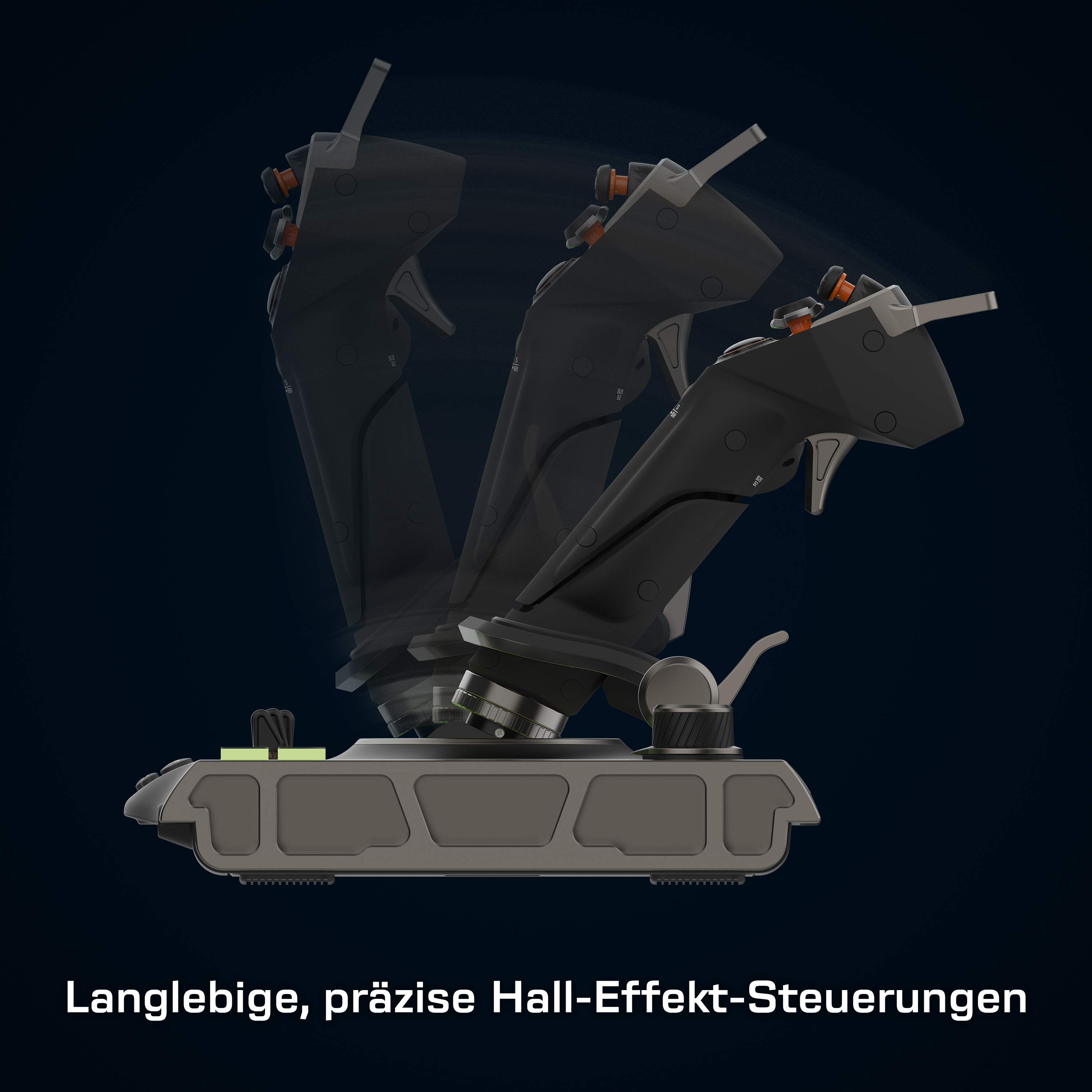 Un joystick di gioco in tre posizioni, con il testo: Langlebige, präzise Hall-Effekt-Steuerungen.