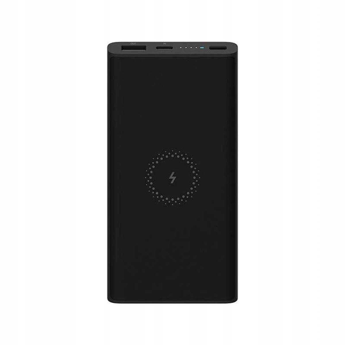 Power bank nero con cerchio di ricarica wireless. Quattro punti indicano la durata della batteria.