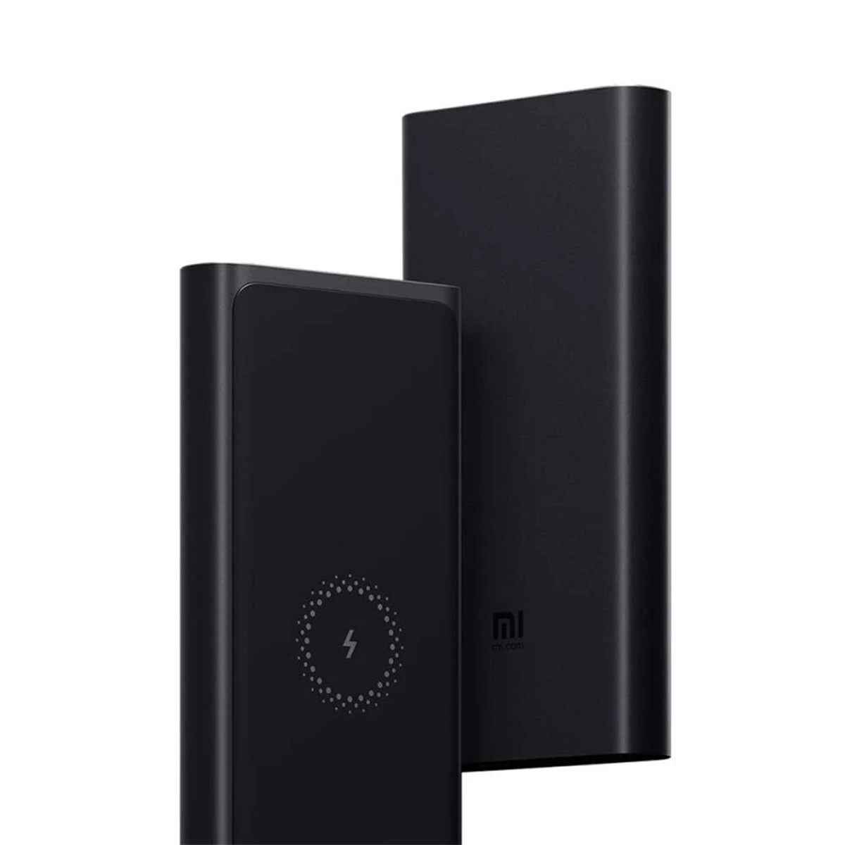 Due power bank neri. Uno ha un simbolo di ricarica, l'altro il logo del marchio.