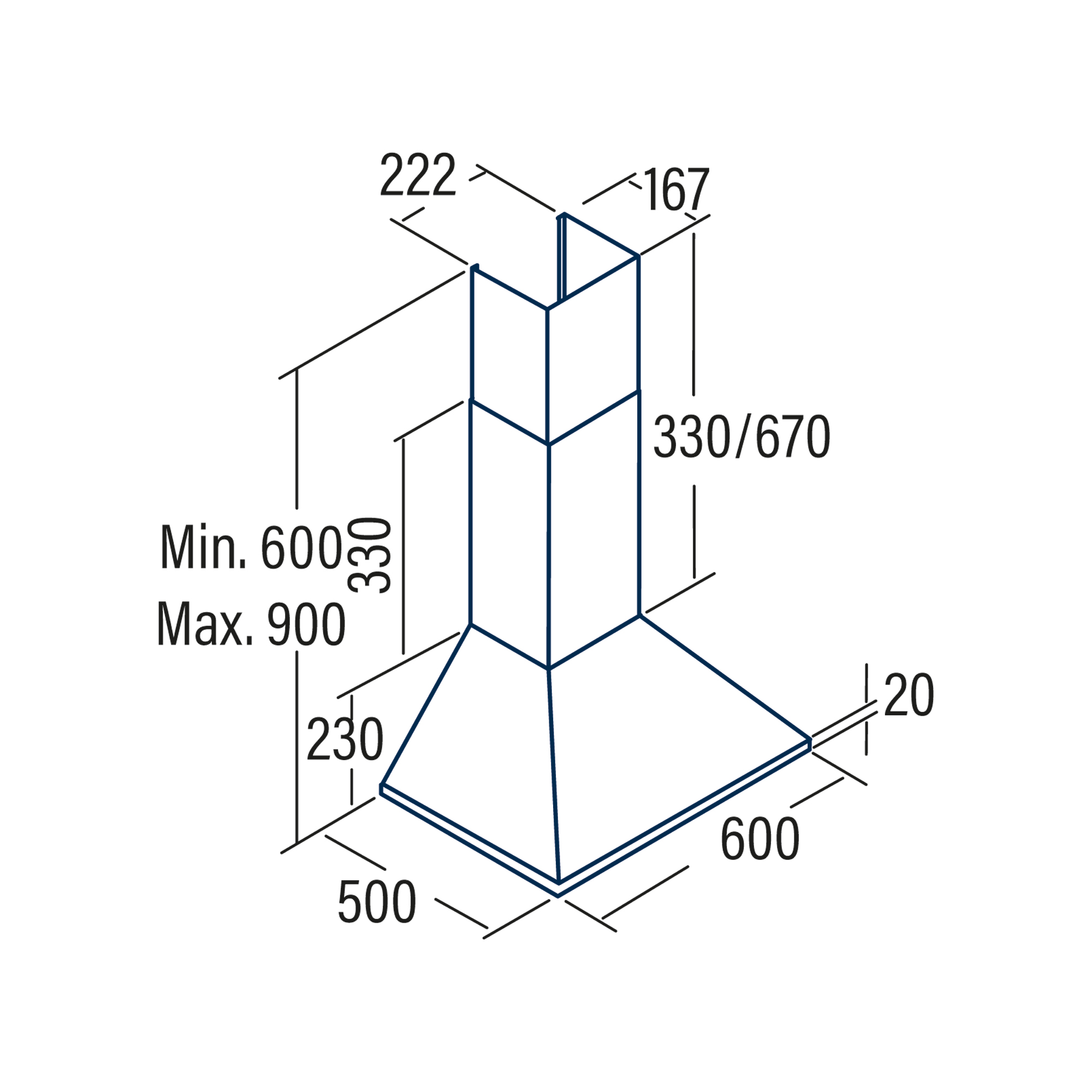 Diagramma tecnico di una cappa da cucina, con dimensioni in mm e linee che indicano le misure.