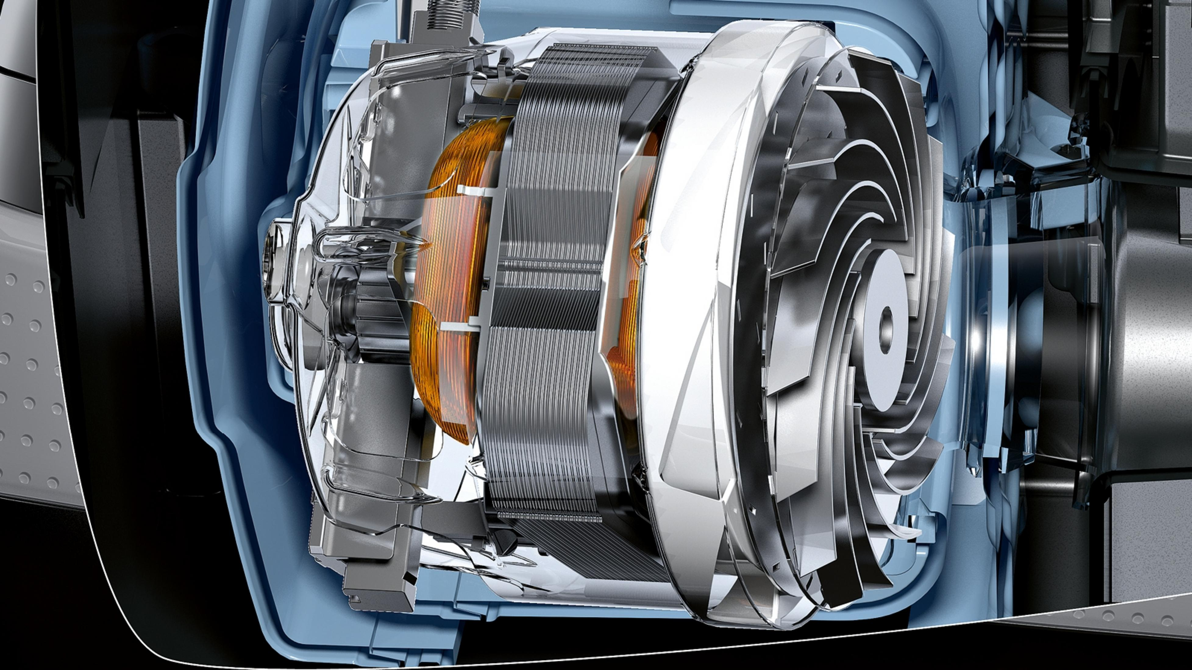 Przekrój silnika odkurzacza pokazujący elementy wewnętrzne w niebieskiej obudowie.