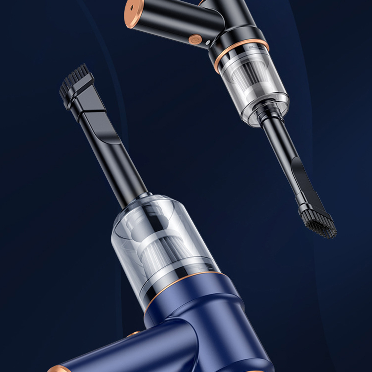 Zwei Handstaubsauger mit dunklem blauem Hintergrund. Das Design ist modern und elegant.