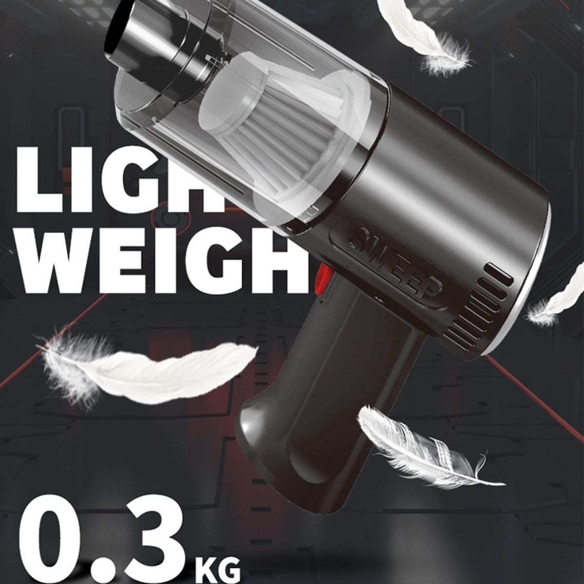 Schwarzer Staubsauger mit Federn, Text 'LIGHT WEIGHT' und Gewicht.