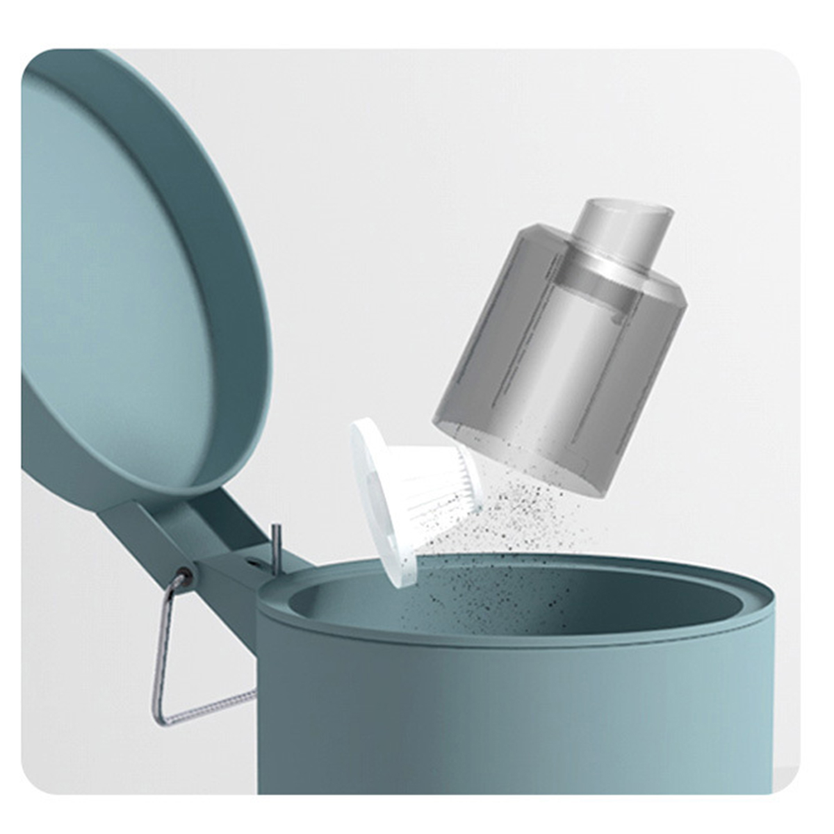 Ein blauer Mülleimer, dessen Deckel geöffnet wird.