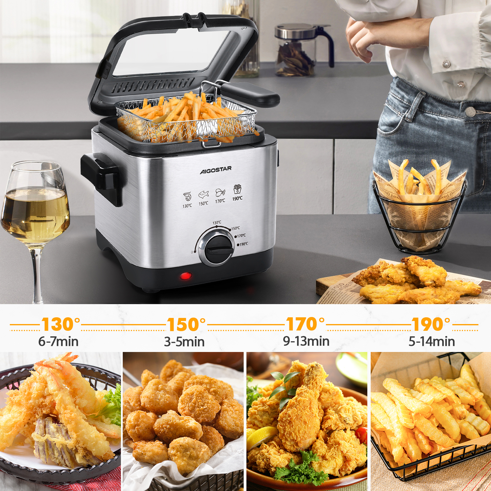 Una escena de cocina con una freidora, una mujer con papas fritas y muestras de alimentos fritos con ajustes de temperatura.