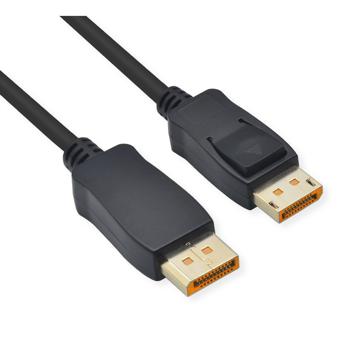 Câble DisplayPort noir avec connecteurs. Fond blanc.