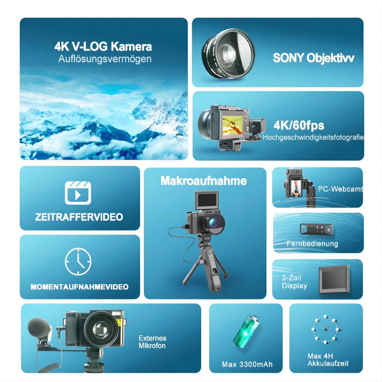 klappbarem ) IMX386(48 Touchscreen,Sony Schwarz Zoom Kinderkamera Mikro OKA Mit MP, 16-fach 4K-HD-Vlog-Reisekamera LINGDA