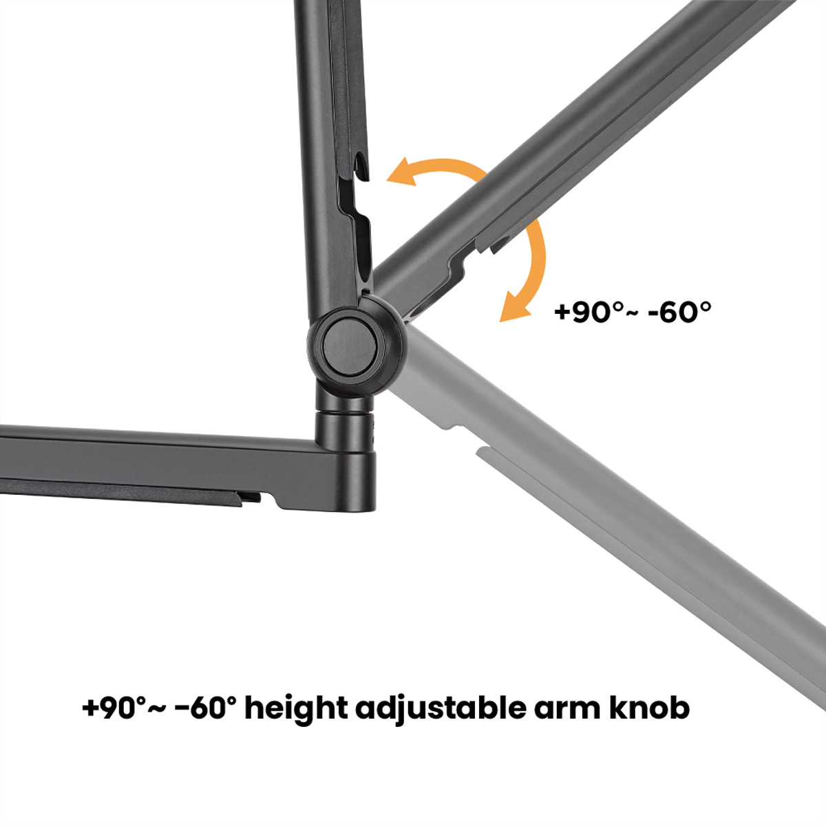 Bouton de bras réglable en hauteur noir avec texte et flèches indiquant un angle de 90 à -60 degrés.
