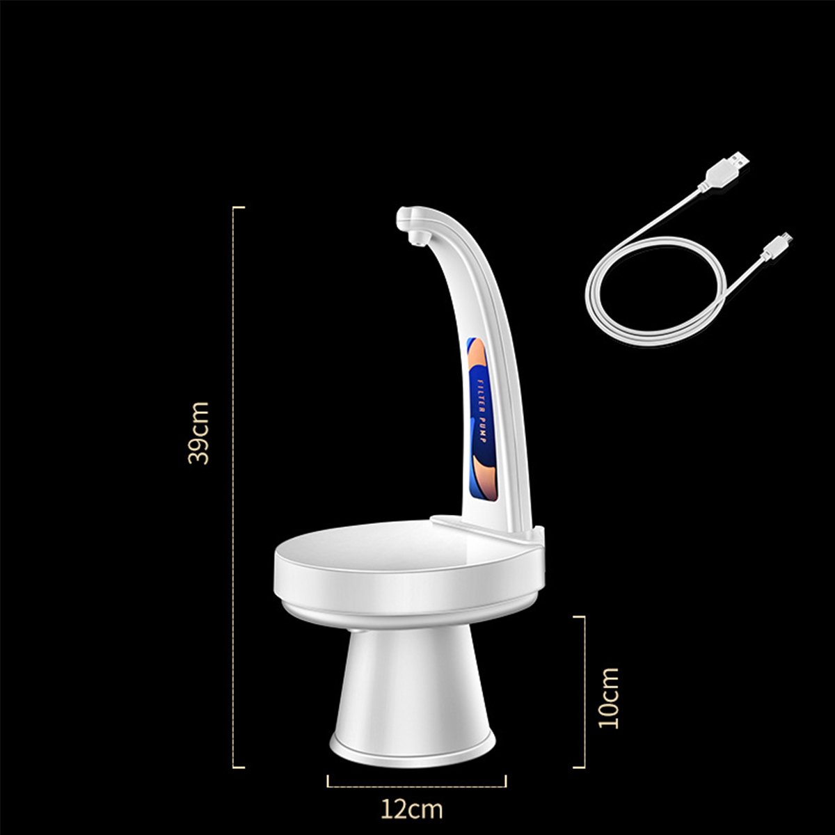 Weißer Wasserspender mit Maßen. 39cm hoch, 12cm breit und 10cm tief, schwarzer Hintergrund.