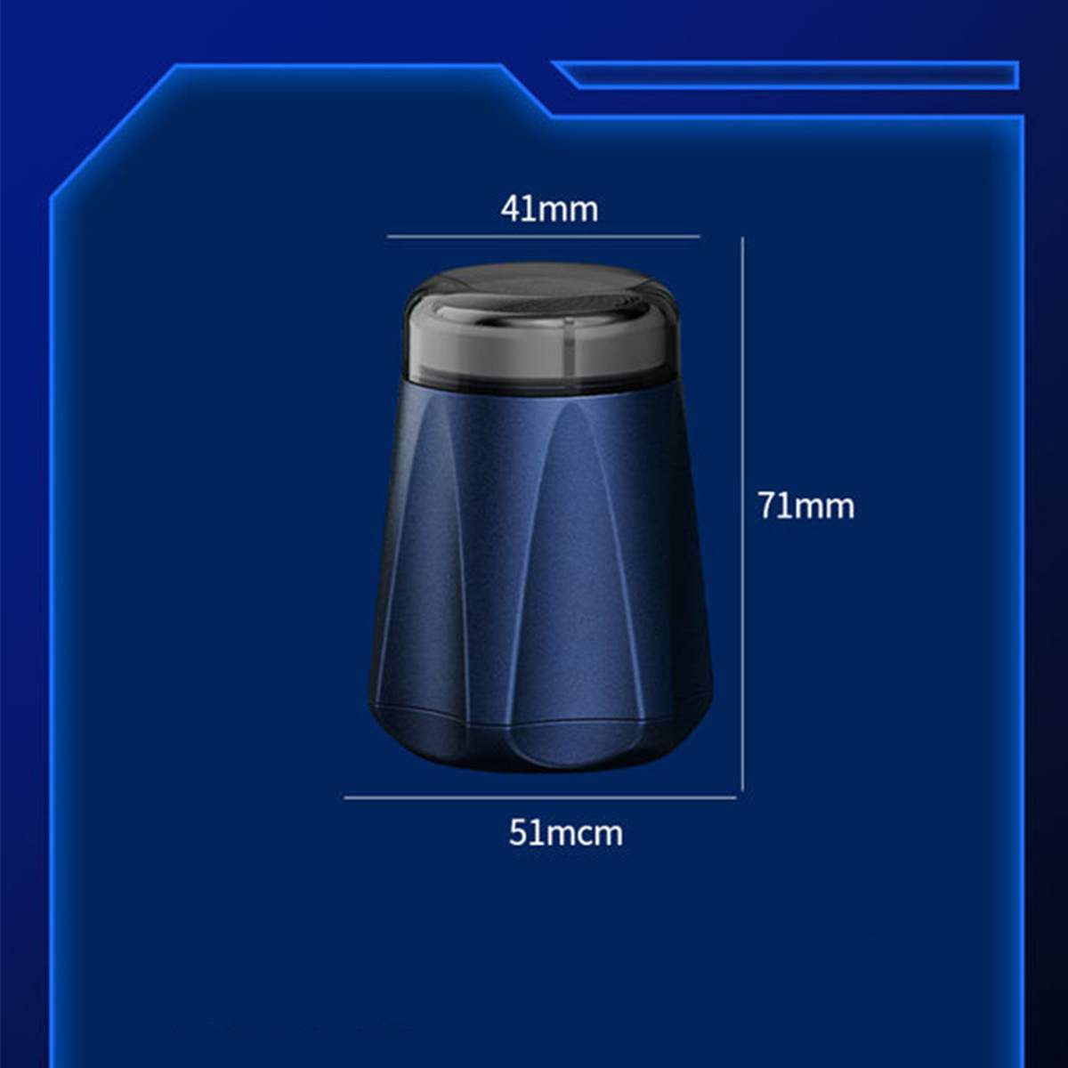 Blauer und schwarzer Mixer, mit Abmessungen. Blauer Hintergrund.