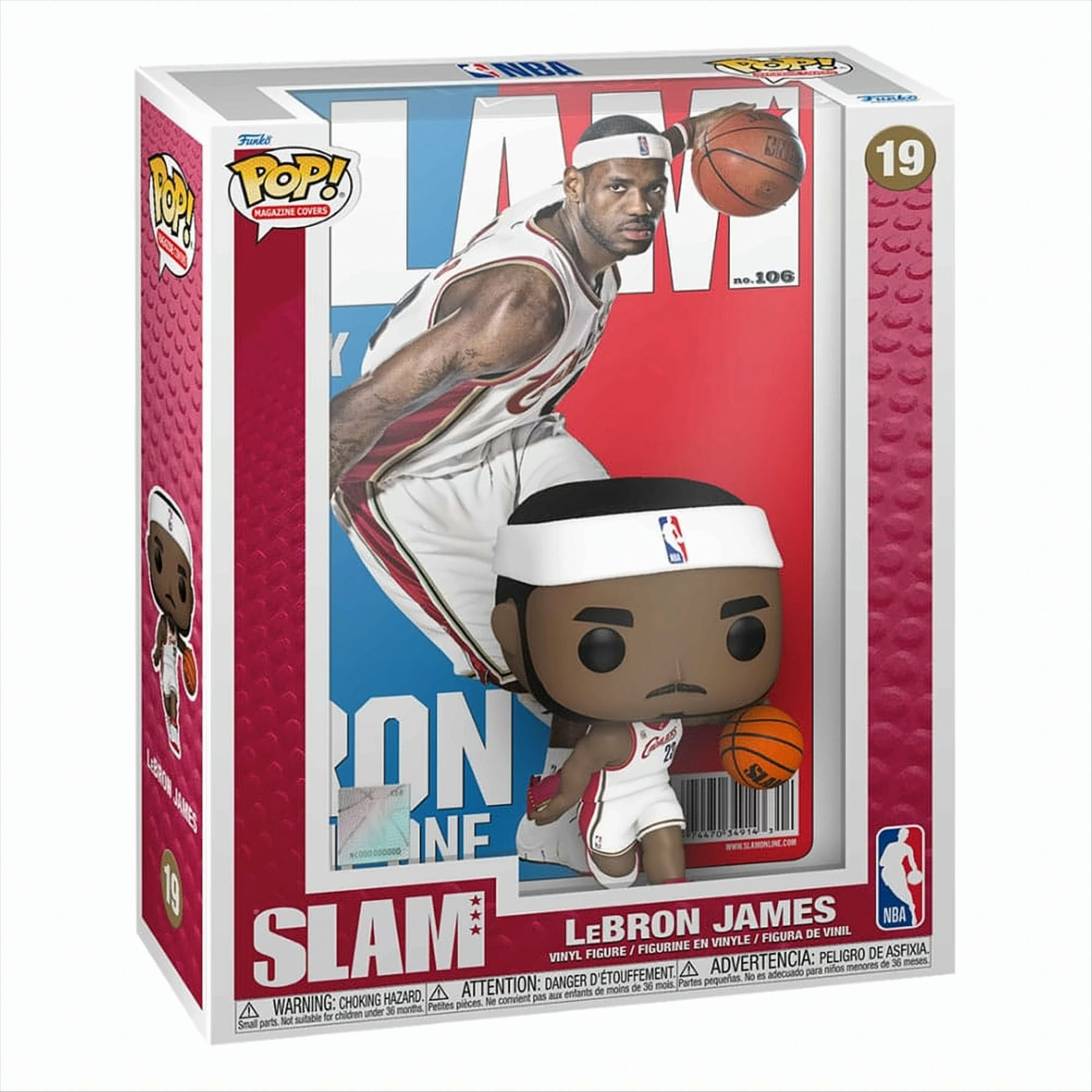 LeBron James Funko Pop Figur in einer Box. Hintergrund ist ein Poster von LeBron James.