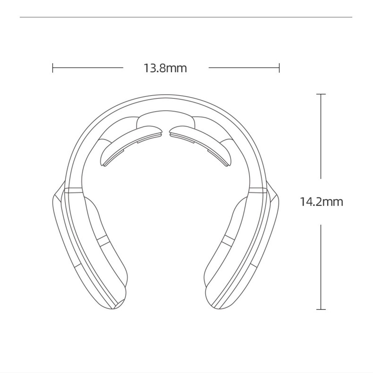 Eine Strichzeichnung eines Nackenmassagegeräts. Maße: 13,8 mm breit, 14,2 mm hoch.