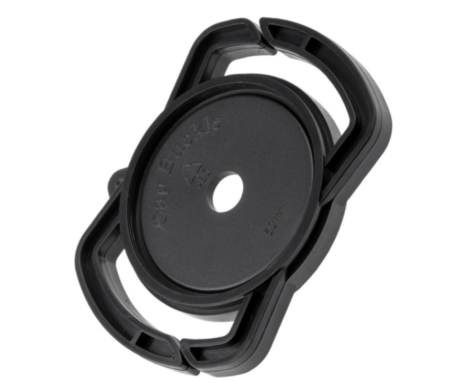 Schwarze Kappen-Schnalle, die Oberseite zeigt den Text "Cap Buckle" und ein Loch in der Mitte.