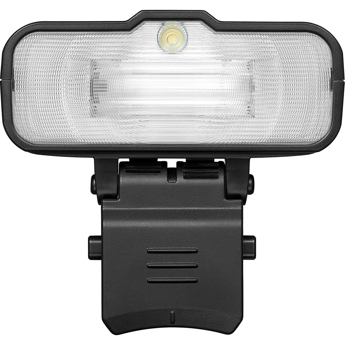 Un flash noir pour un appareil photo. Il a une source lumineuse rectangulaire et une base de montage.