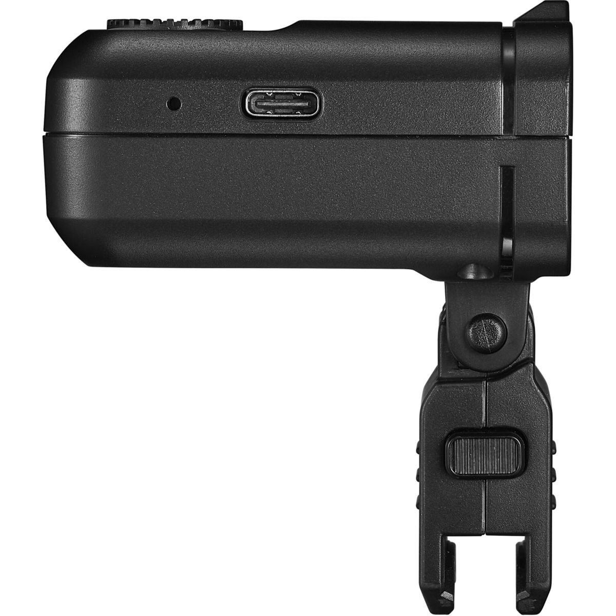 Accessoire de caméra noir, vue latérale, avec port et mécanisme de fixation.
