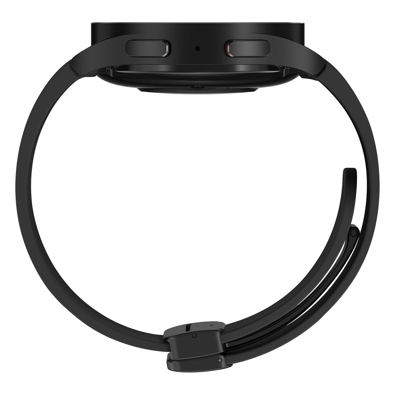 Eine schwarze Smartwatch mit schwarzem Armband, von der Seite betrachtet, zeigt das Zifferblatt.