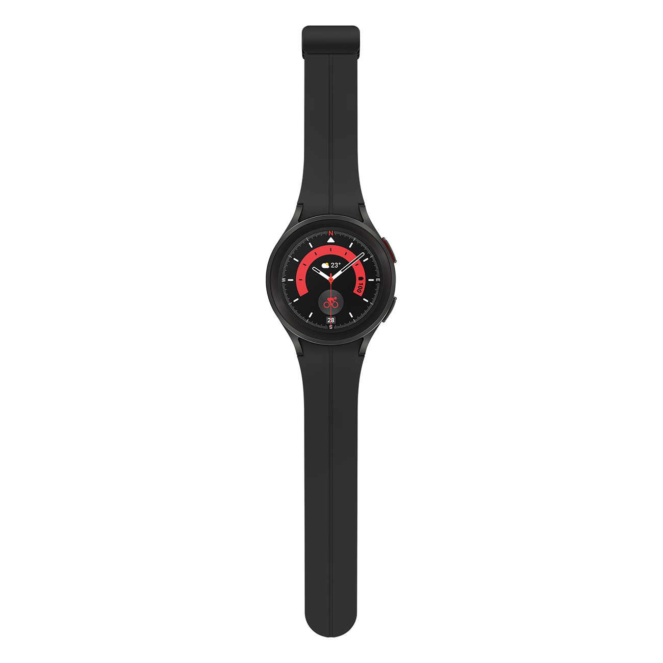 Eine schwarze Smartwatch mit rundem Display und rotschwarzer Benutzeroberfläche sowie einem schwarzen Armband.