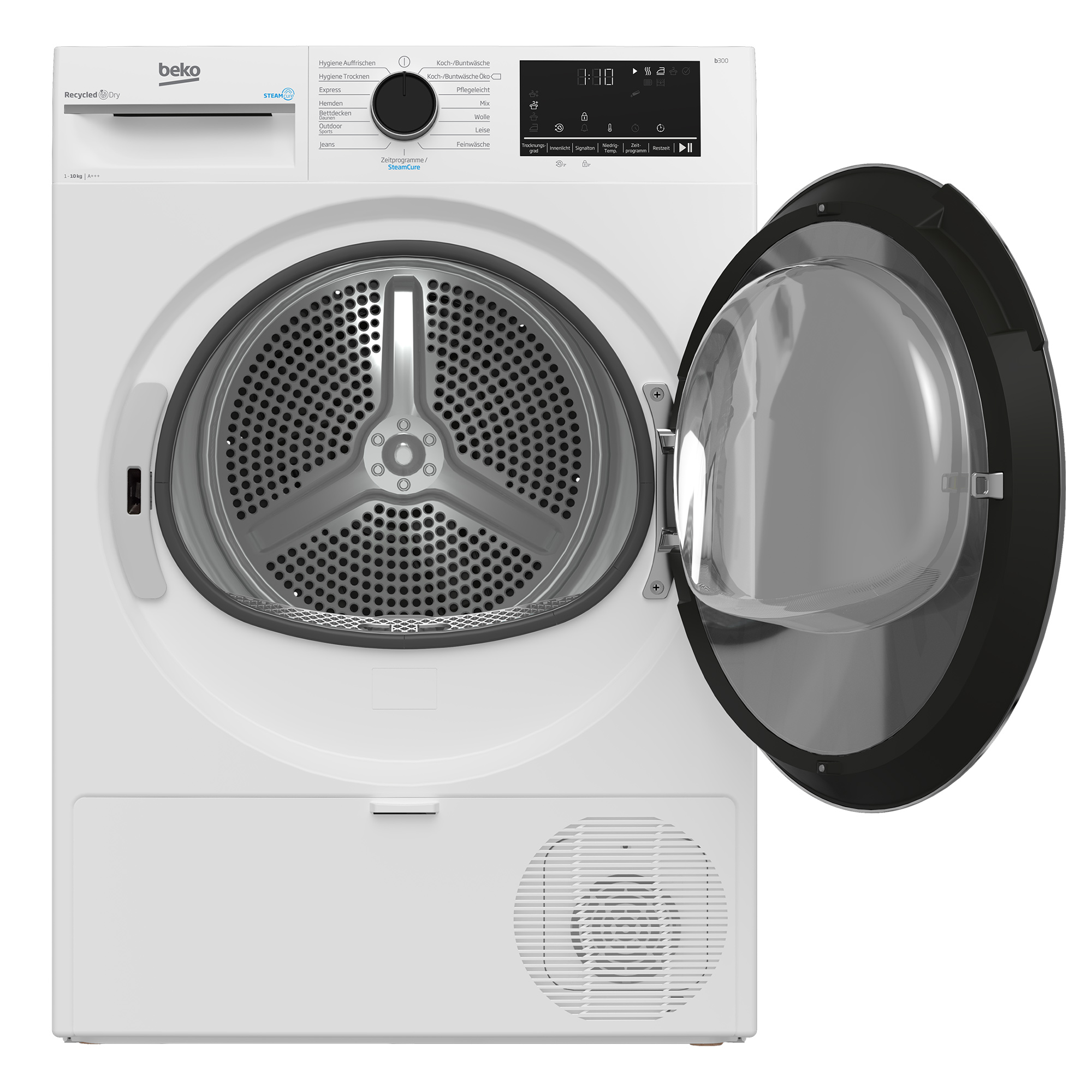 Ein weißer Beko-Trockner mit geöffneter Tür, der die Innentrommel und das Bedienfeld zeigt.