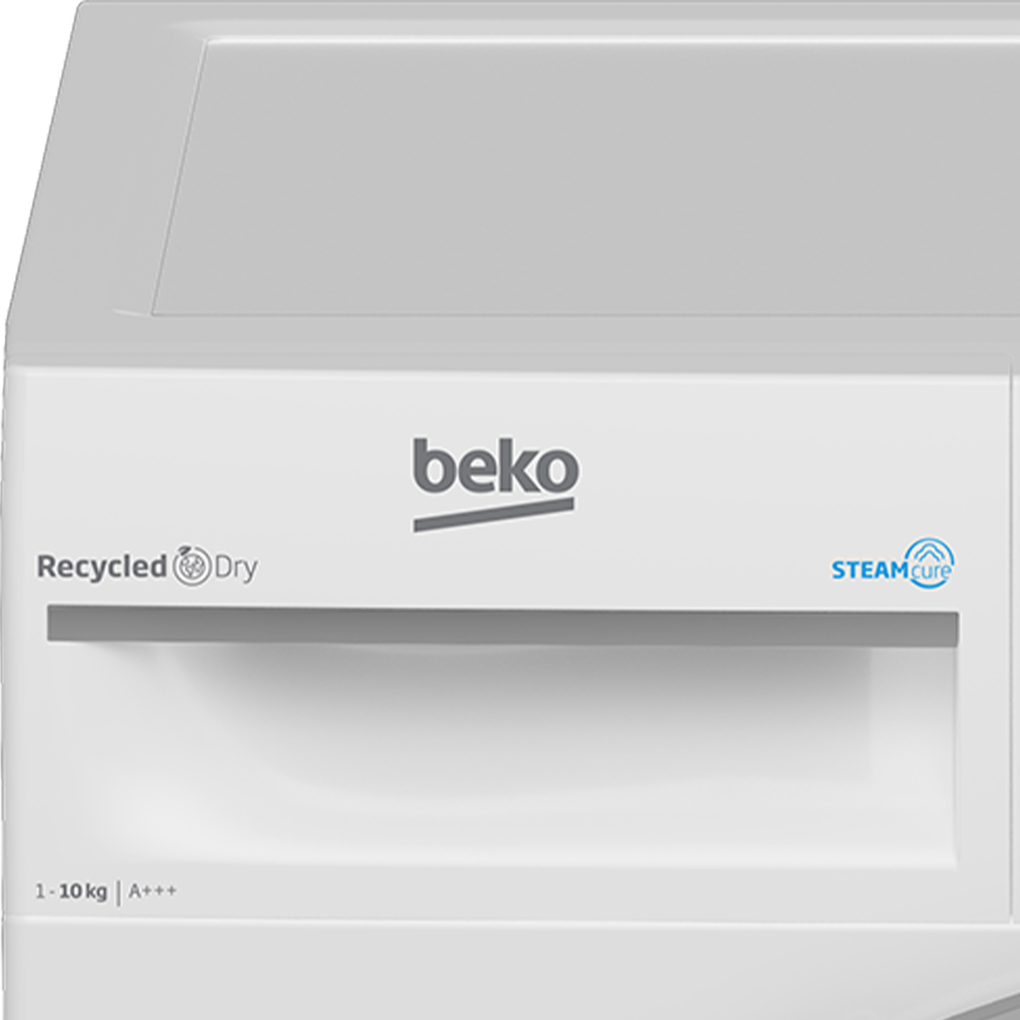 Eine weiße Beko Waschmaschine mit schwarzer Tür und dem Markennamen.