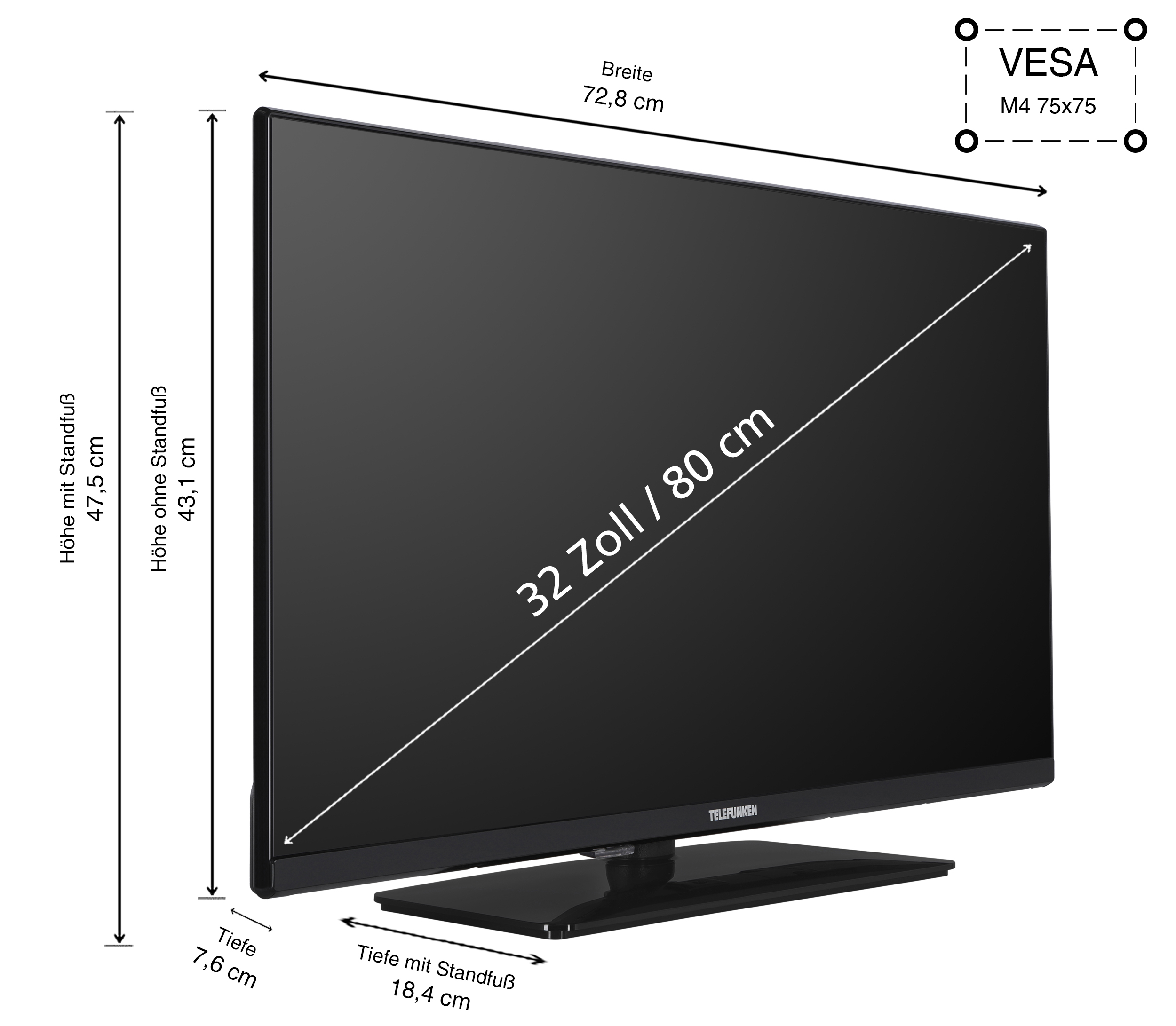 Ein schwarzer Fernseher mit Maßen. Er steht auf einem Ständer. Es gibt Messungen für Höhe und Breite.