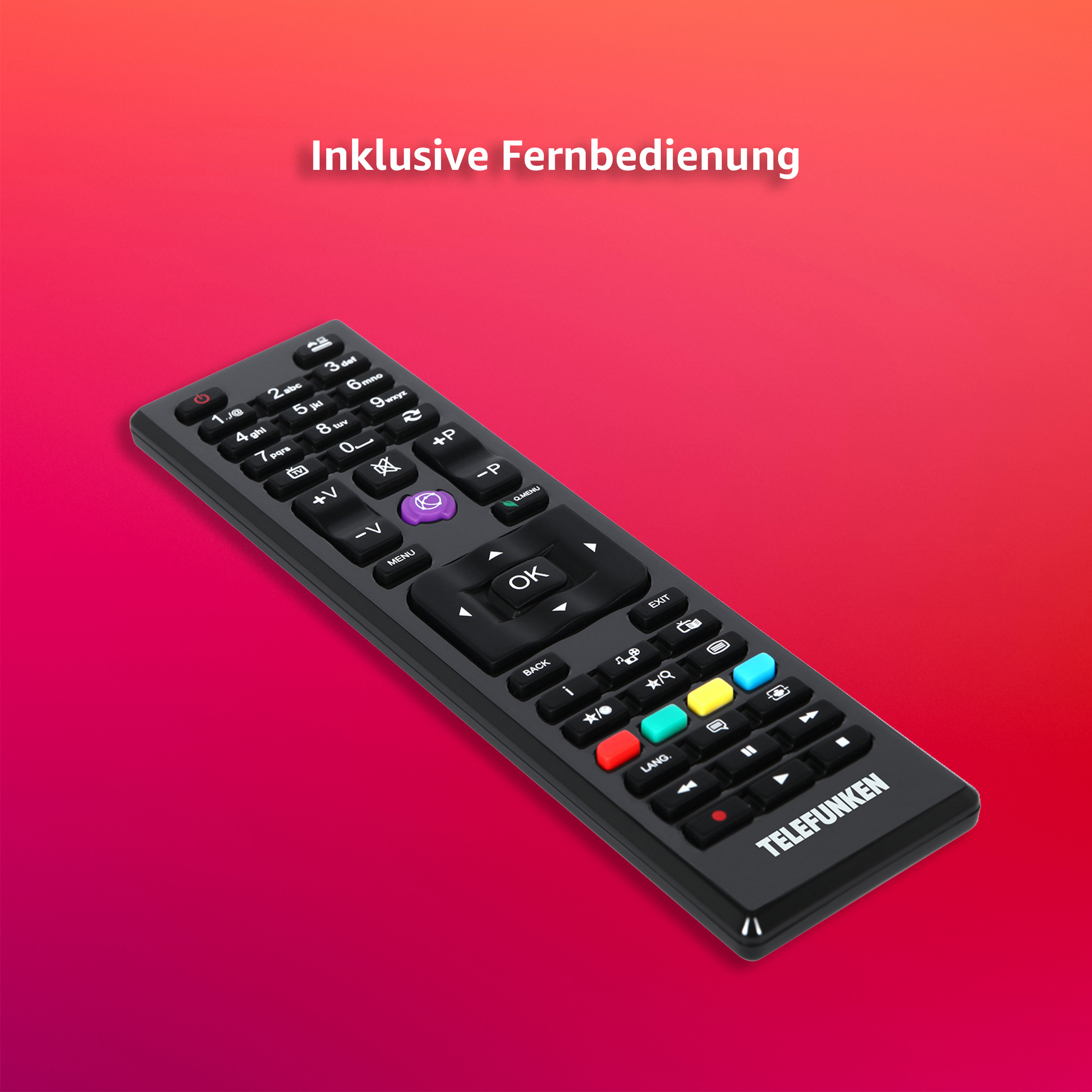 Schwarze Fernbedienung mit vielen Tasten. Oben steht 'Inklusive Fernbedienung'.