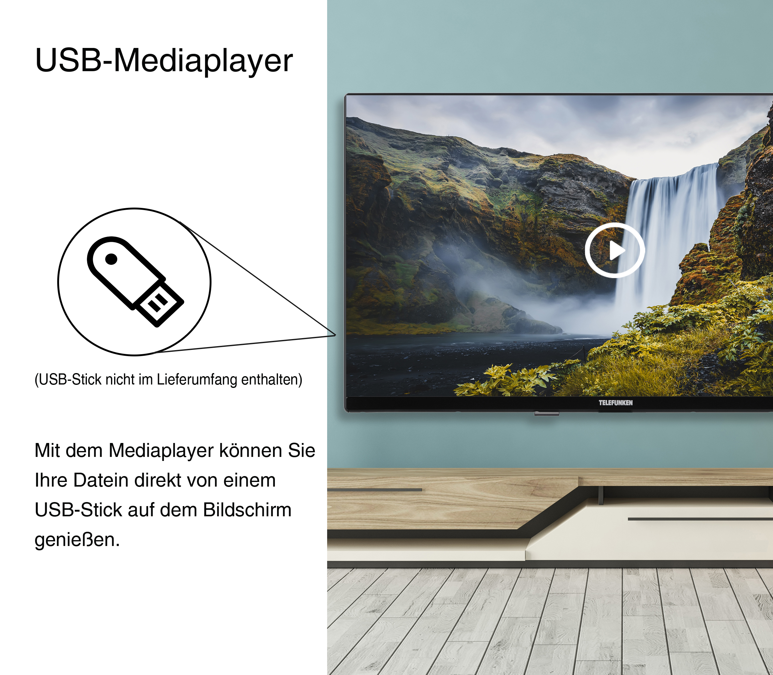 USB-Media Player mit einem Fernseher, der eine Wasserfallszene zeigt. Text beschreibt die Verwendung eines USB-Sticks.