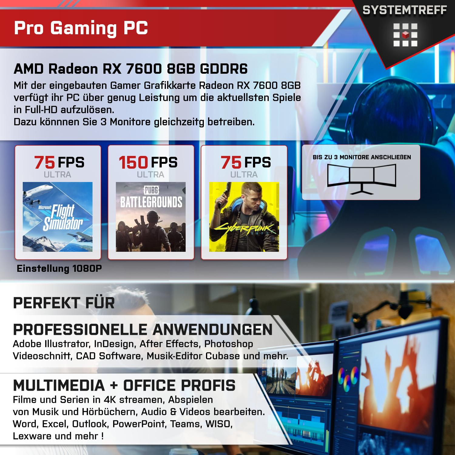 SYSTEMTREFF Gaming 8GB Intel 16 8 i7-12700 mit AMD mSSD, Komplett 1000 Prozessor, RAM, i7-12700, Core GB GB 7600 GDDR6, Radeon GB PC RX Komplett