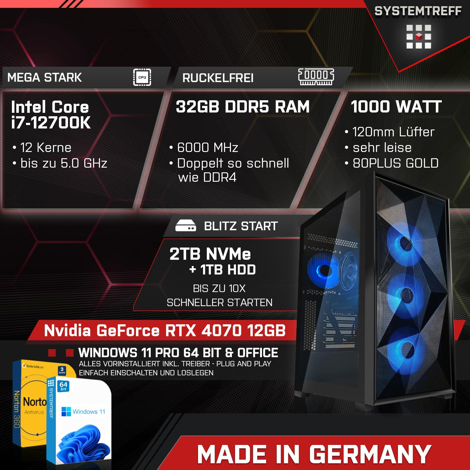 SYSTEMTREFF Gaming Komplett 4070 GeForce GB Prozessor, PC GB 12GB RTX 2000 i7-12700K Nvidia mSSD, 12 GDDR6, RAM, i7-12700K, Core Komplett GB Intel 32 mit