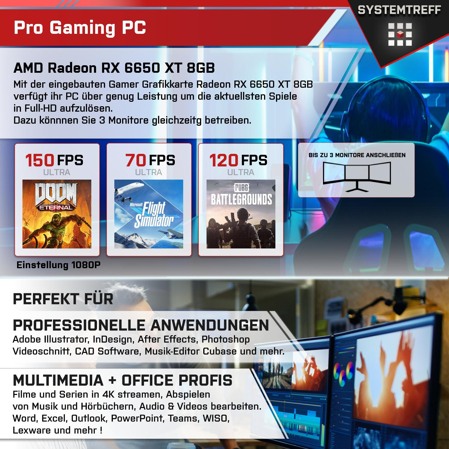 Eine Werbung mit PC-Setup, drei Monitoren und Spieleleistung bei verschiedenen Spielen.