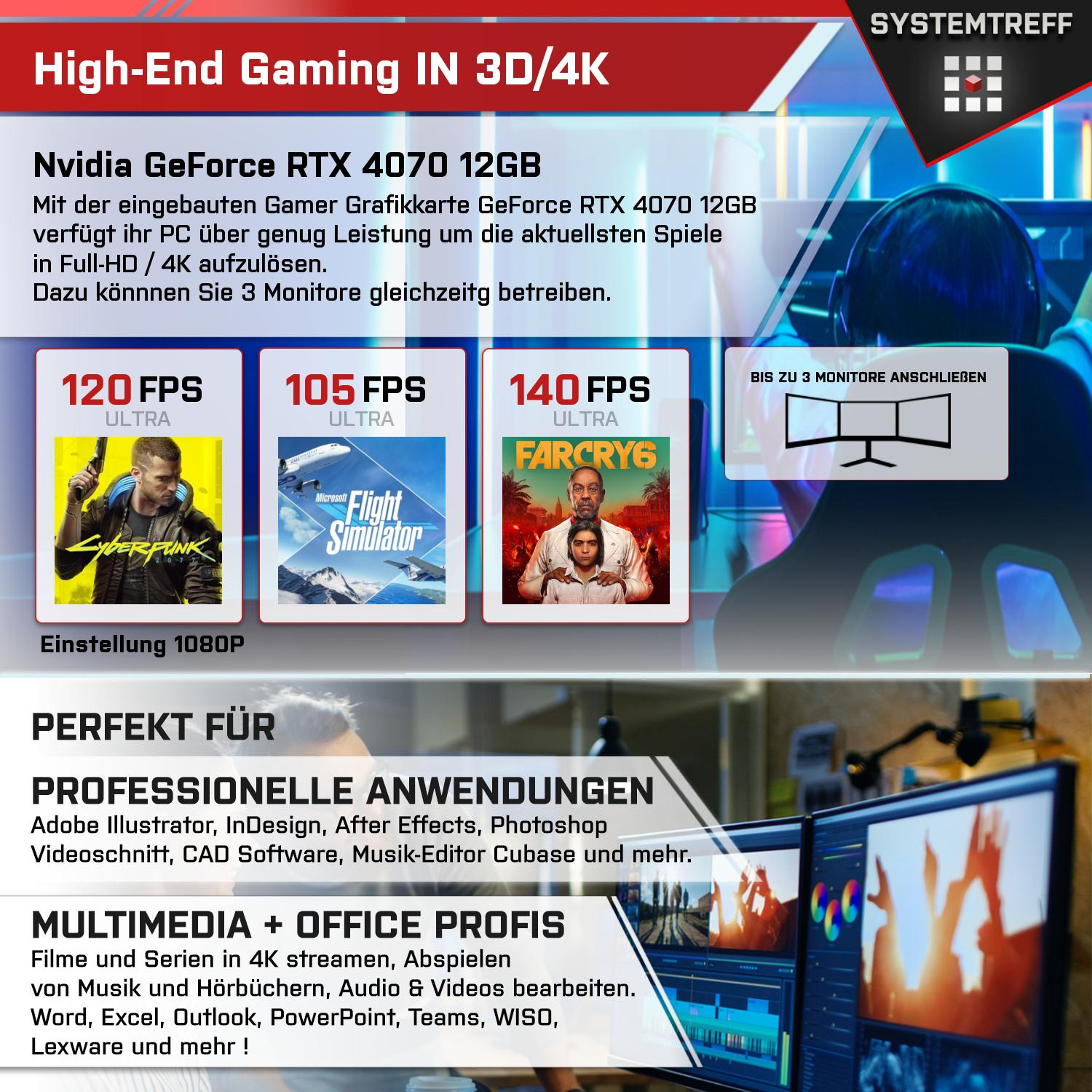 SYSTEMTREFF High-End Gaming mit 1000 Gaming 32 4070 GeForce Windows AMD AMD 9 PC GB Prozessor, RAM, GB 11 Ryzen™ mSSD, NVIDIA Pro, 9 RTX™ 7950X, Ryzen