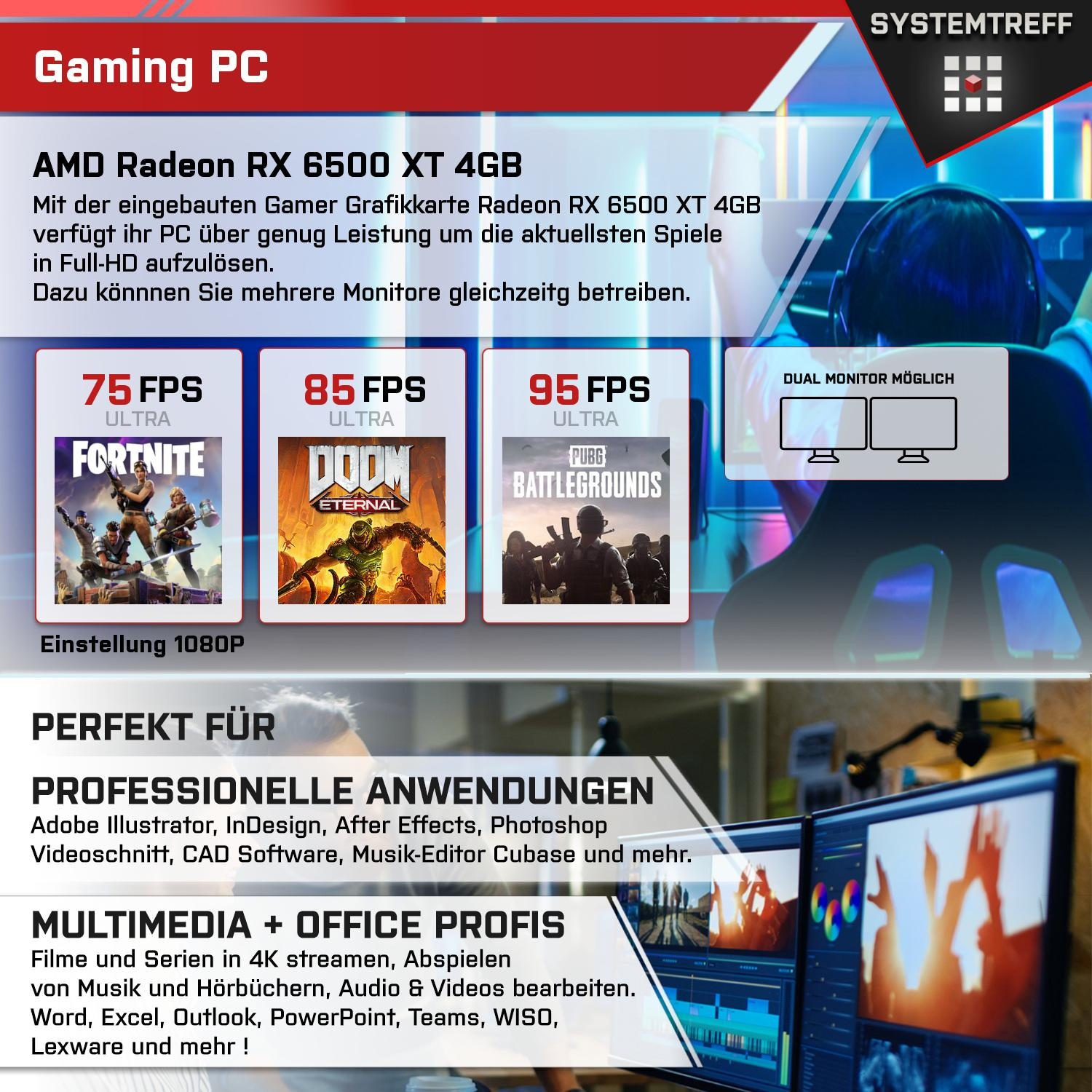 SYSTEMTREFF Gaming Komplett AMD Ryzen GB Prozessor, 6500 Komplett 4 4GB, 5600, GB AMD mit 5600 1000 16 RAM, mSSD, Radeon GB PC RX 5 XT