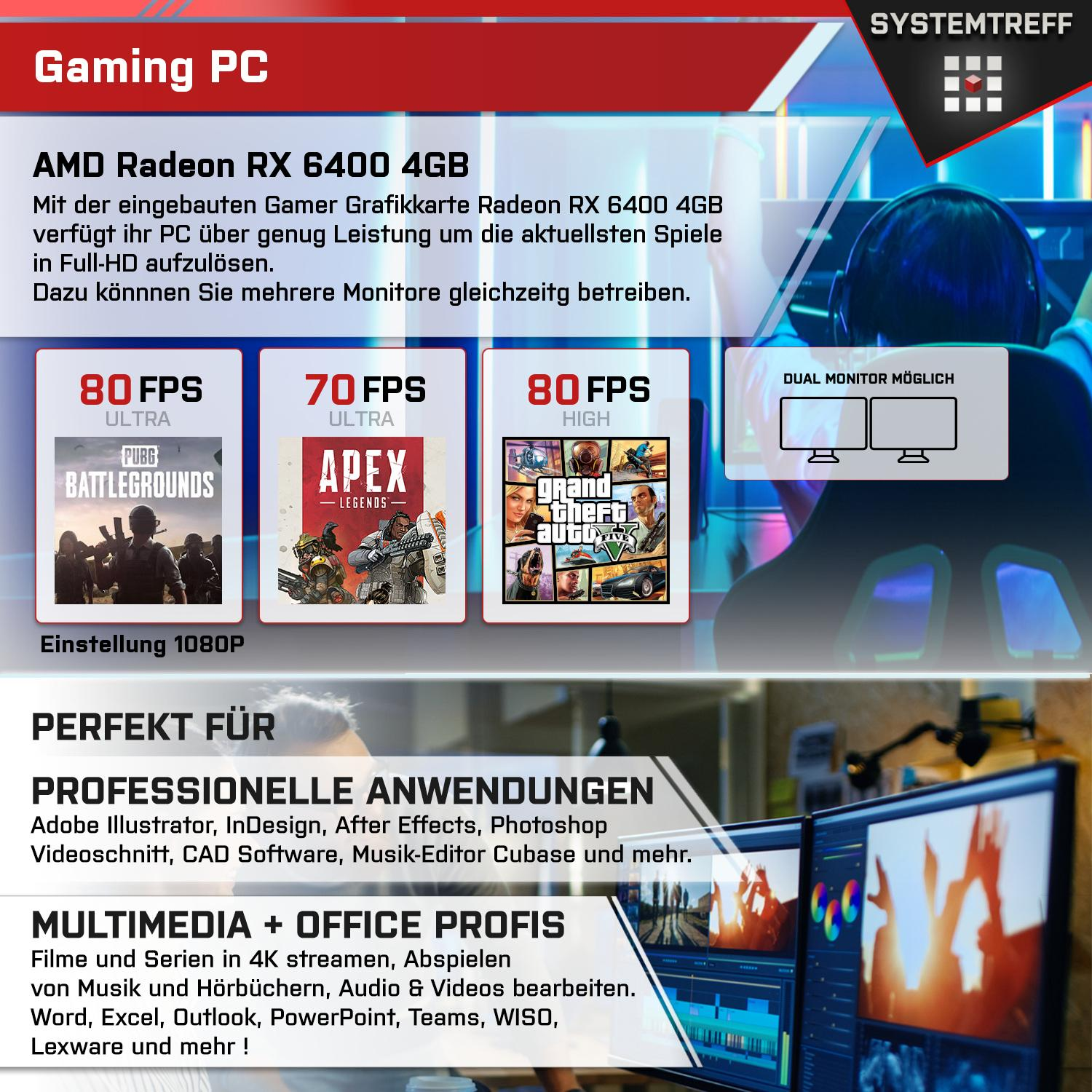 SYSTEMTREFF Gaming AMD Ryzen mit 4500, Radeon™ Windows GB Prozessor, PC 5 Ryzen™ RAM, 11 Pro, Gaming 6400 GB 5 AMD 512 RX SSD, AMD 16