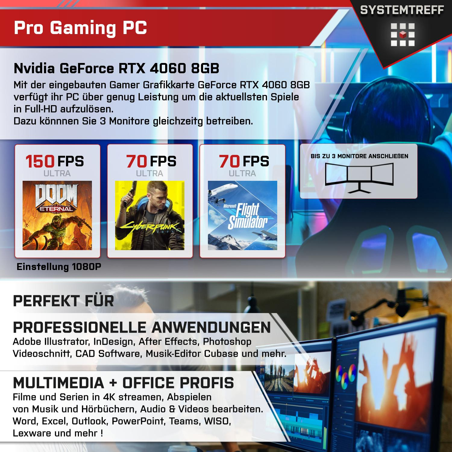 SYSTEMTREFF Gaming PC mSSD, 4060 Nvidia 8 GB GB i9-11900KF, Komplett mit 32 Core GDDR6 i9-11900KF DLSS RTX GB Komplett mit GeForce Prozessor, 8GB 1000 RAM, Intel 3