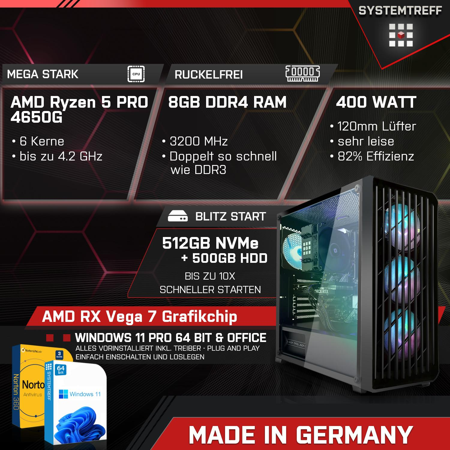 SYSTEMTREFF Gaming Komplett AMD Ryzen AMD 4650G 4650G, Prozessor, Radeon RAM, RX 4 PRO GB mit - 7 PC Core, Vega 512 mSSD, PRO GB Komplett 8 GB 5