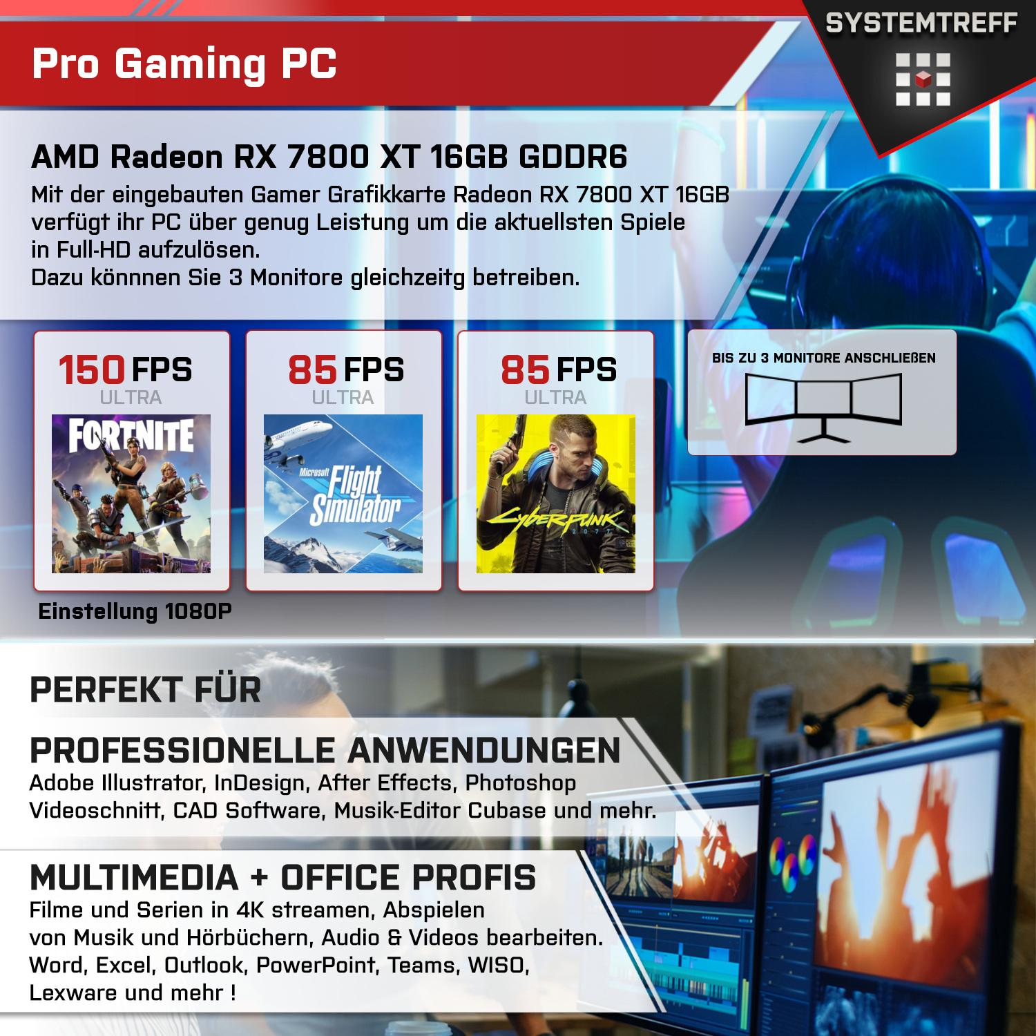 SYSTEMTREFF Pro Gaming AMD Windows 7800 PC Pro, Ryzen™ RAM, RX 7 XT 1000 mSSD, Gaming AMD 11 mit Ryzen GB Prozessor, AMD 7700X, 7 GB 32 Radeon™