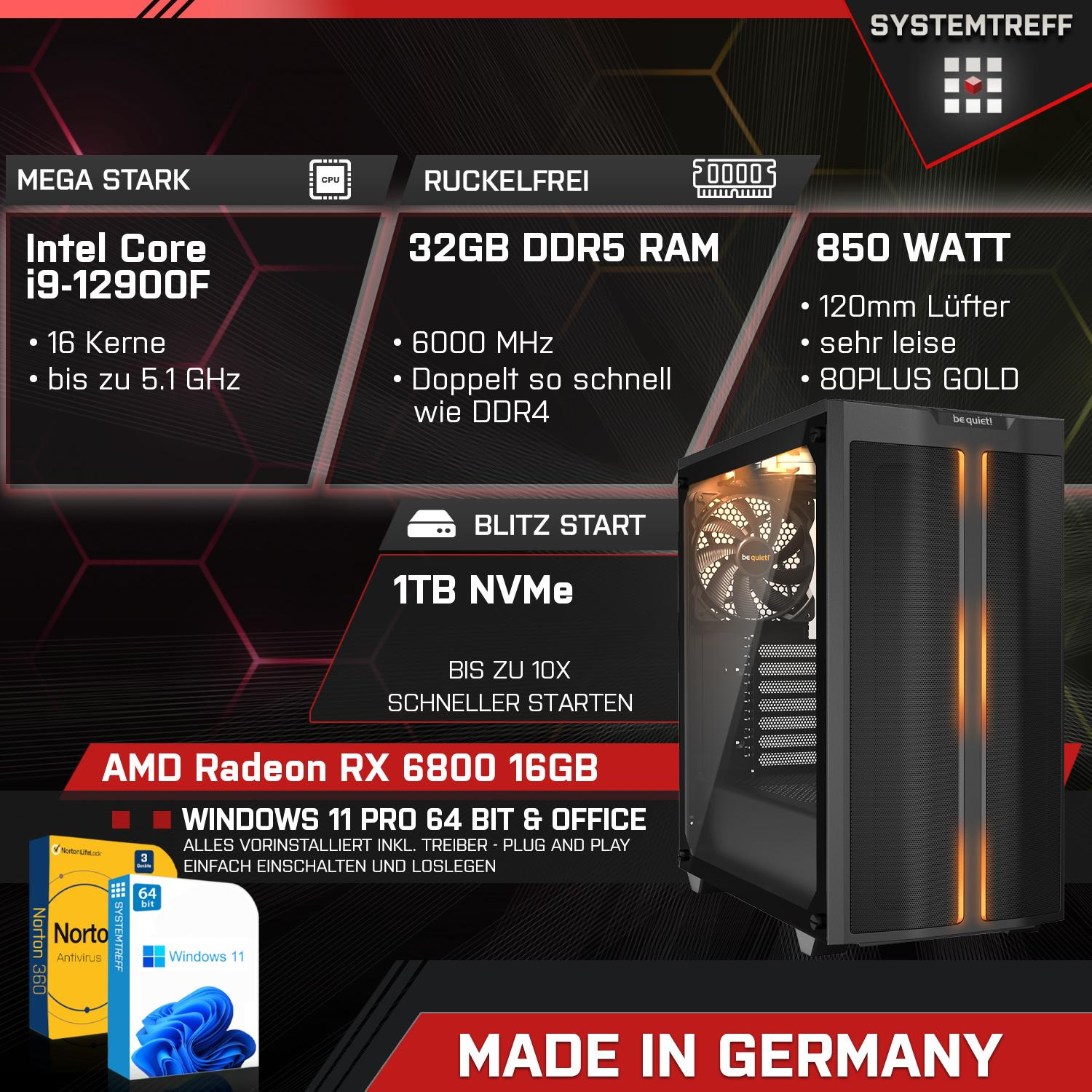 SYSTEMTREFF Gaming Komplett RAM, i9-12900F Radeon Intel mSSD, GB mit Prozessor, 16 PC 1000 GB i9-12900F, AMD RX 6800 Komplett 32 Core GB 16GB GDDR6