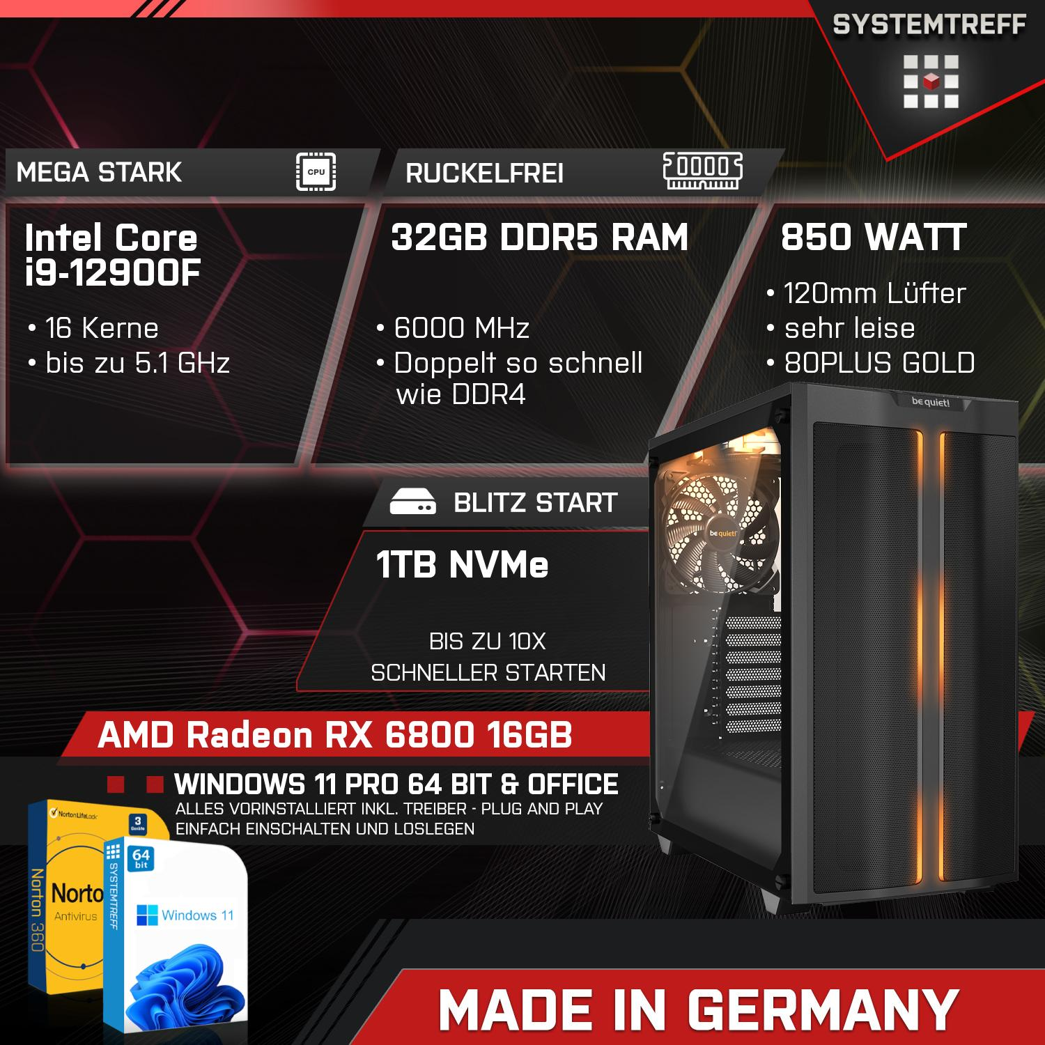 SYSTEMTREFF Gaming Komplett Intel Core RAM, GB i9-12900F Komplett 6800 GDDR6, PC GB 16GB 1000 GB 32 RX Radeon 16 mSSD, Prozessor, AMD mit i9-12900F