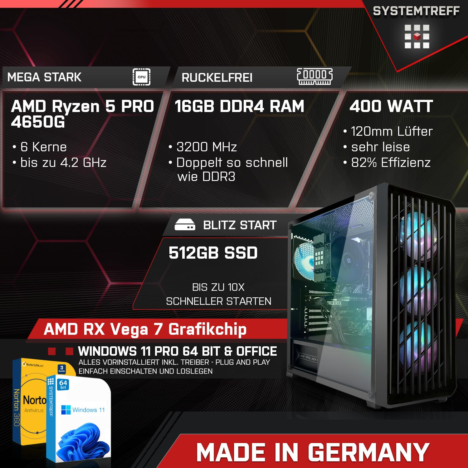 SYSTEMTREFF Gaming Komplett AMD Prozessor, Komplett 4 - PRO 7 RX 4650G PC SSD, RAM, PRO Vega 16 Radeon GB 512 mit GB 4650G, Ryzen 5 AMD GB Core