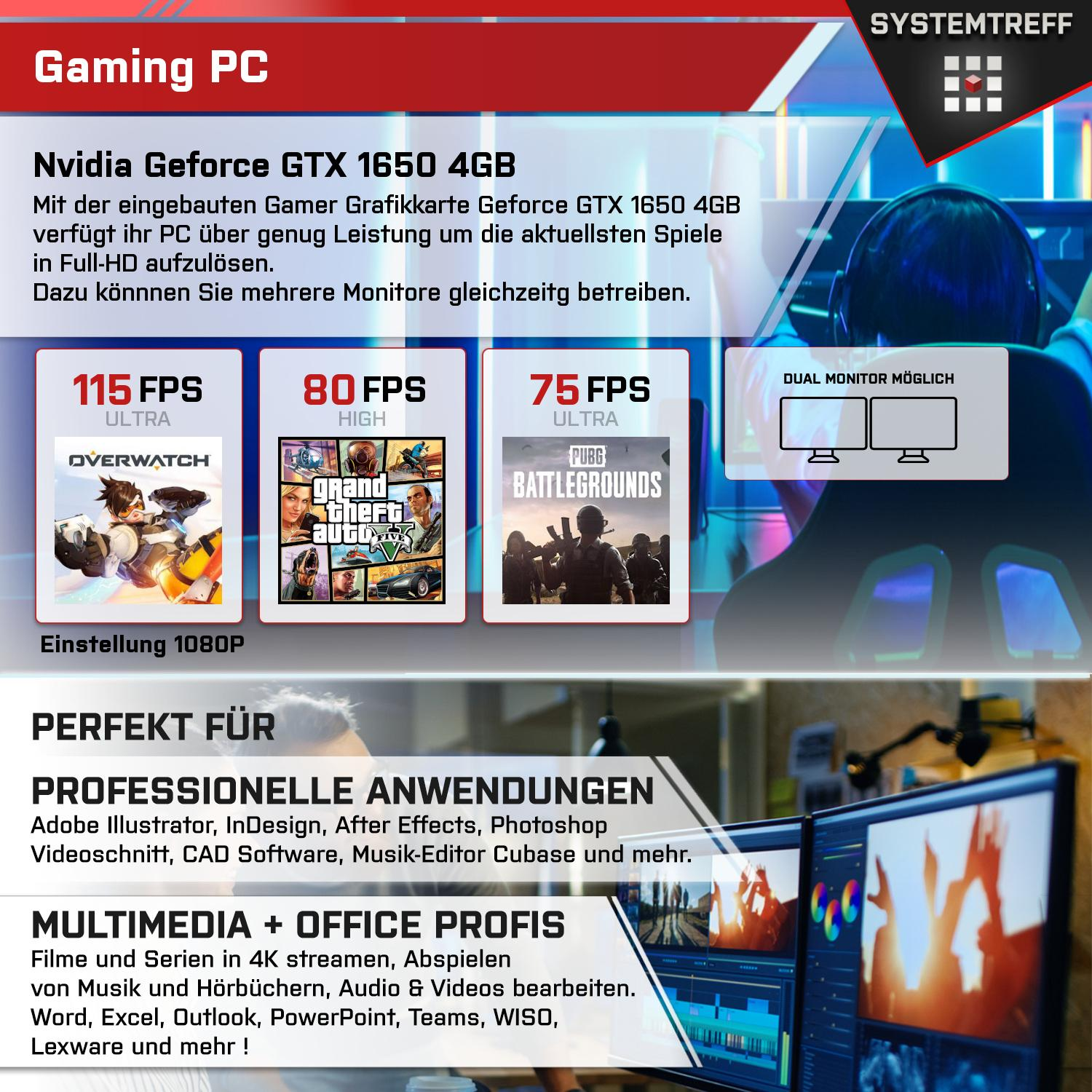 SYSTEMTREFF Gaming Komplett Intel Core Nvidia mit GB 4 1650 PC 16 GB Geforce Komplett 4 Prozessor, i5-11400, GB, 512 GB RAM, i5-11400 mSSD, GTX