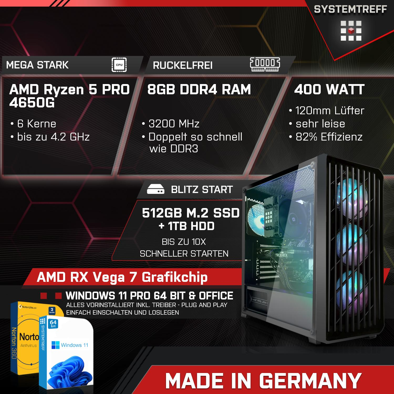 GB Core, PRO mit RX Ryzen SYSTEMTREFF AMD Vega - PRO 4650G Komplett 8 4650G, 512 PC 4 GB 5 RAM, mSSD, Komplett GB Radeon Prozessor, AMD Gaming 7