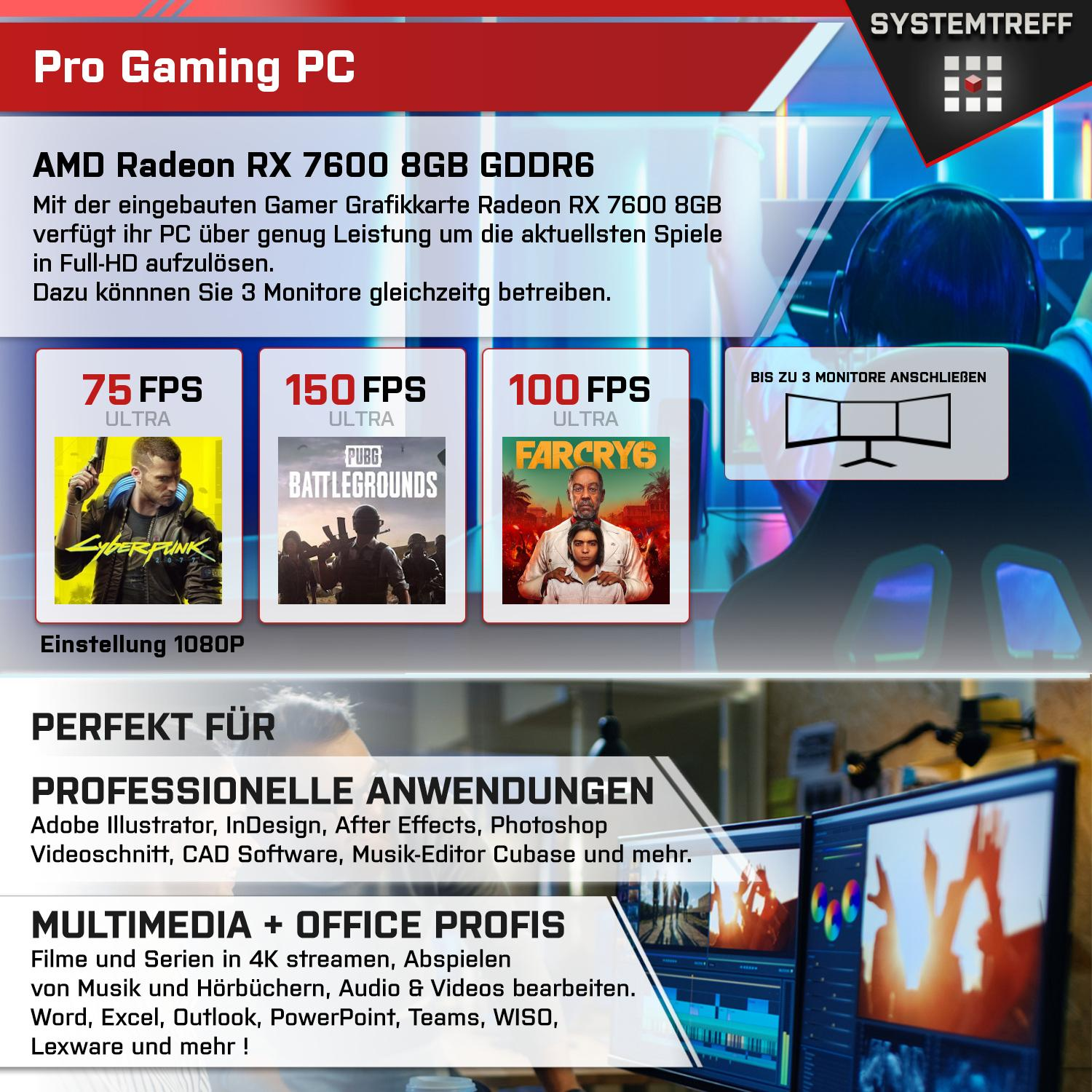 SYSTEMTREFF Gaming Komplett RX Prozessor, PC mit 8GB Radeon RAM, Core GB Komplett Intel GB GDDR6, 1000 GB 16 i7-12700K, AMD 7600 i7-12700K mSSD, 8