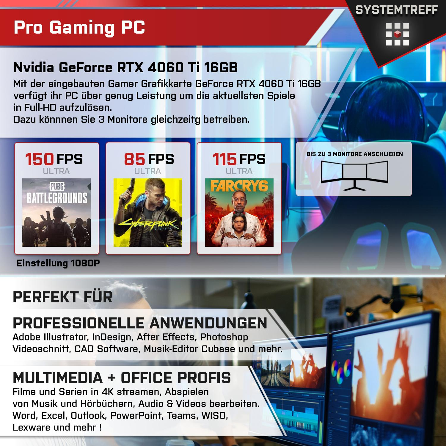 SYSTEMTREFF Gaming Komplett AMD Ryzen 4060Ti mit GDDR6 7950X3D 8GB 1000 PC RTX 3, 32 Prozessor, GeForce 7950X3D, DLSS Komplett GB mit GB GB Nvidia RAM, mSSD, 16 9